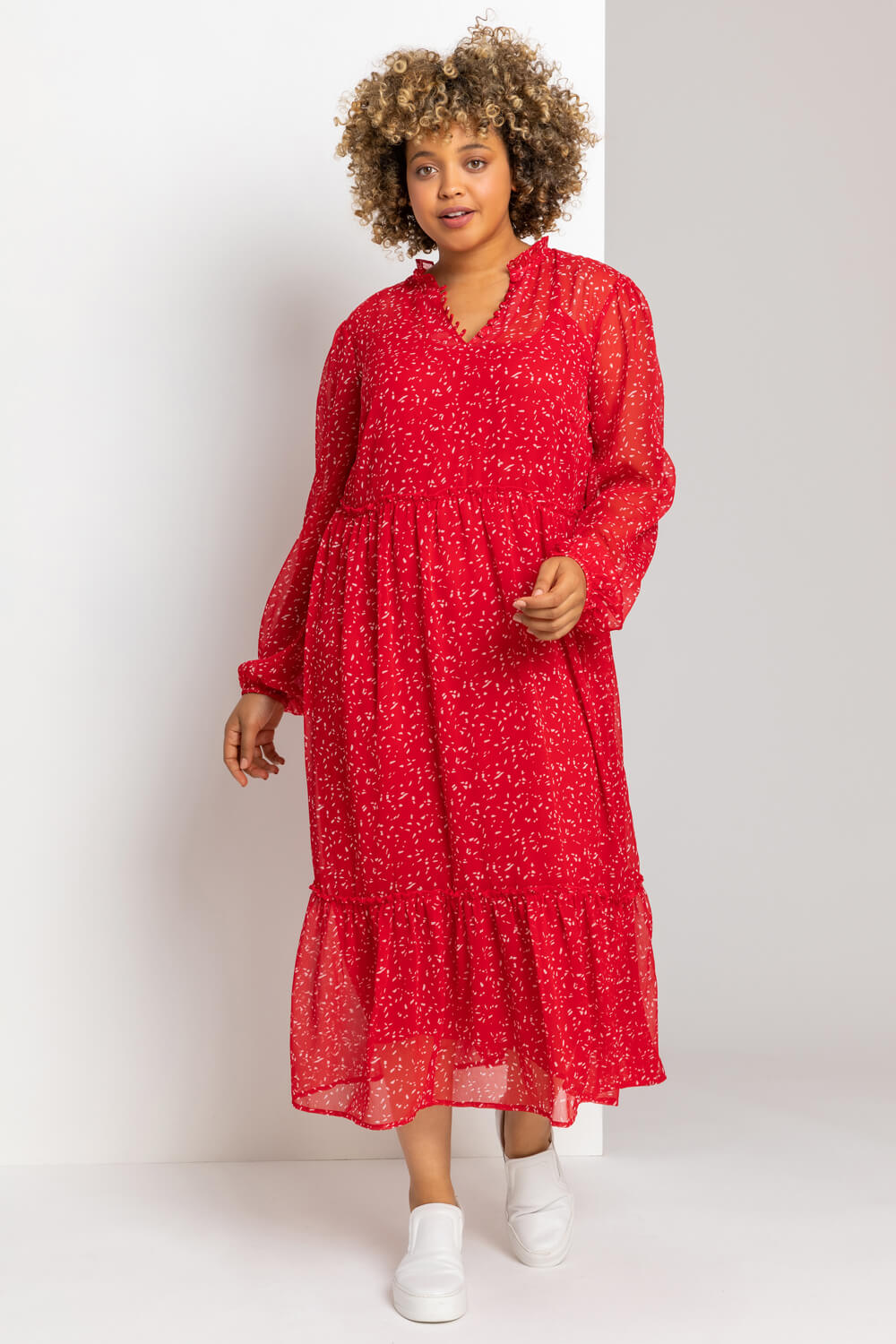 Red Curve Ditsy Print Tiered Midi Dress, Image 2 of 5