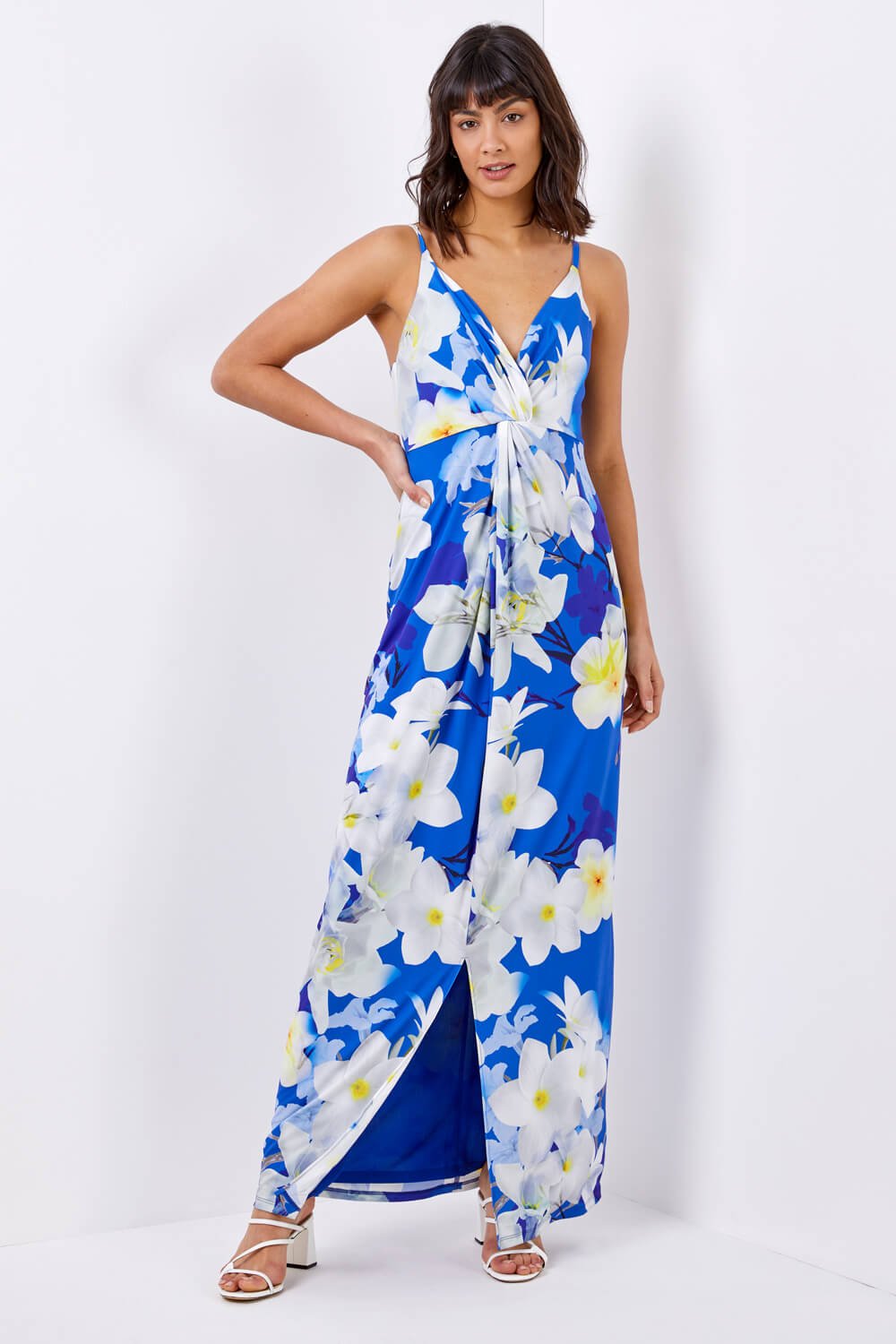 Royal Blue Floral Print Twist Front Maxi Dress, Image 3 of 4