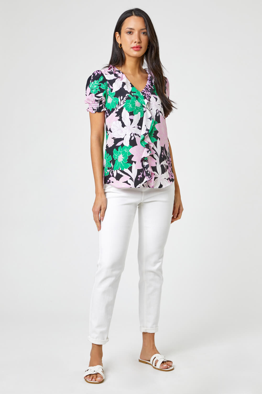 Multi  Petite Contrast Floral Frill Detail Top, Image 3 of 4