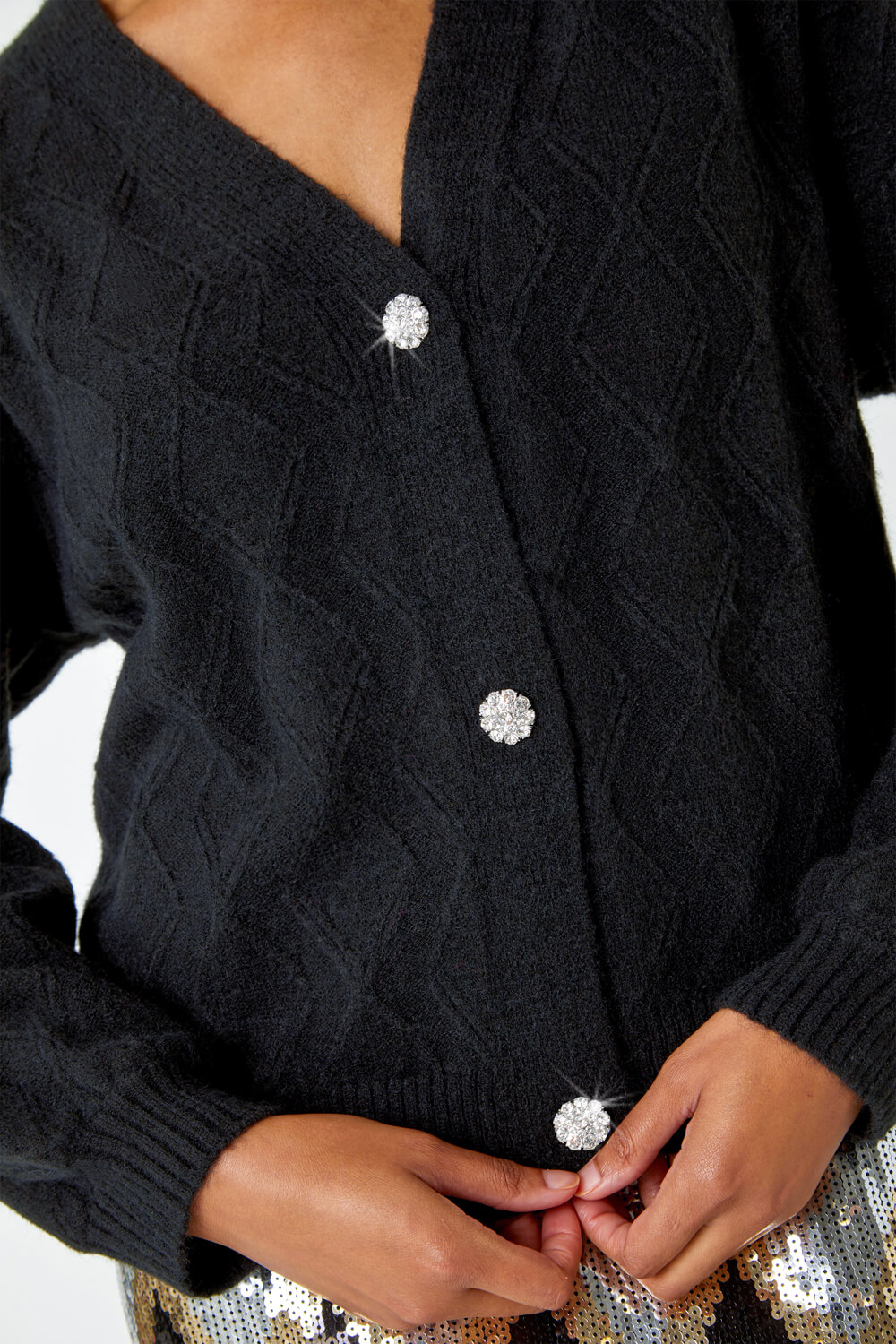 Black Diamante Button Detail Cardigan, Image 2 of 5