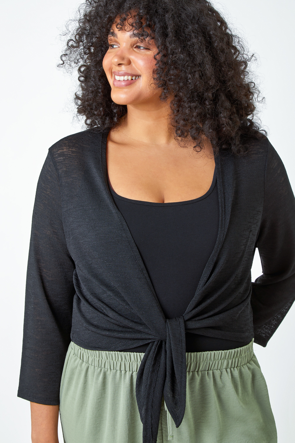 Black Curve Tie Front Stretch Cropped Cardigan, Image 4 of 5