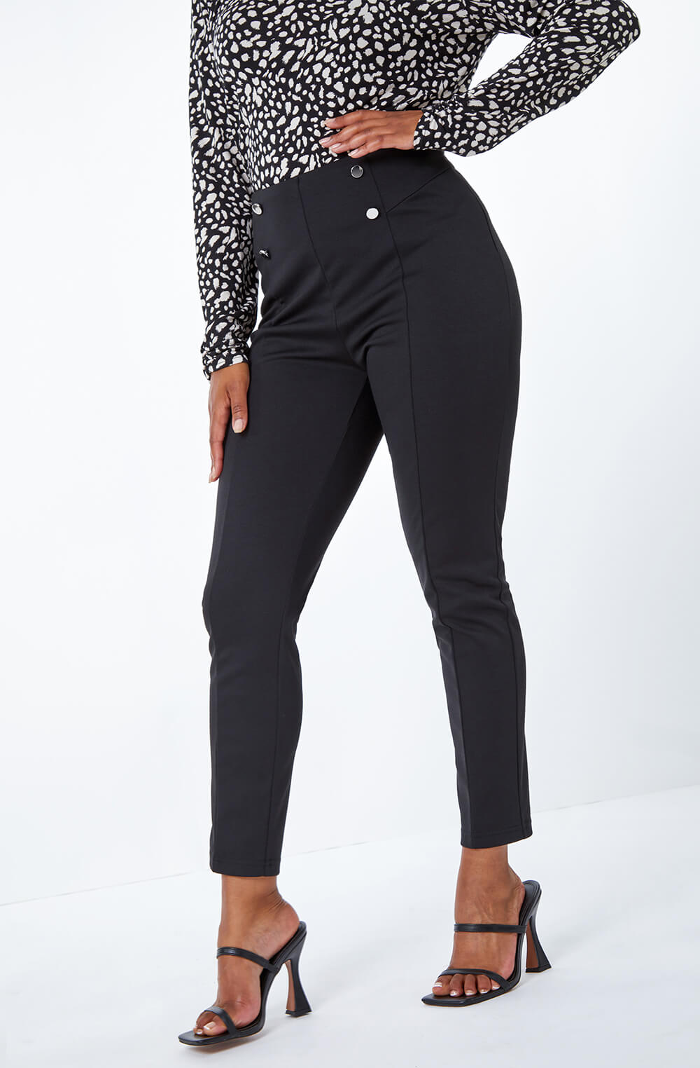 Black Petite Button Detail Stretch Trouser, Image 5 of 5