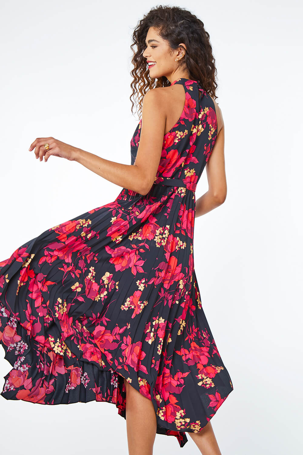 Red Floral Pleated Halter Neck Midi Dress , Image 3 of 5