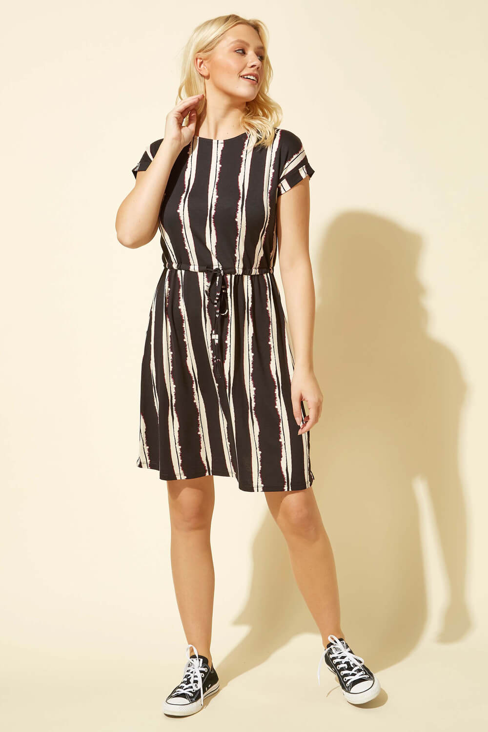 Black Abstract Stripe Tie Waist Dress, Image 2 of 4