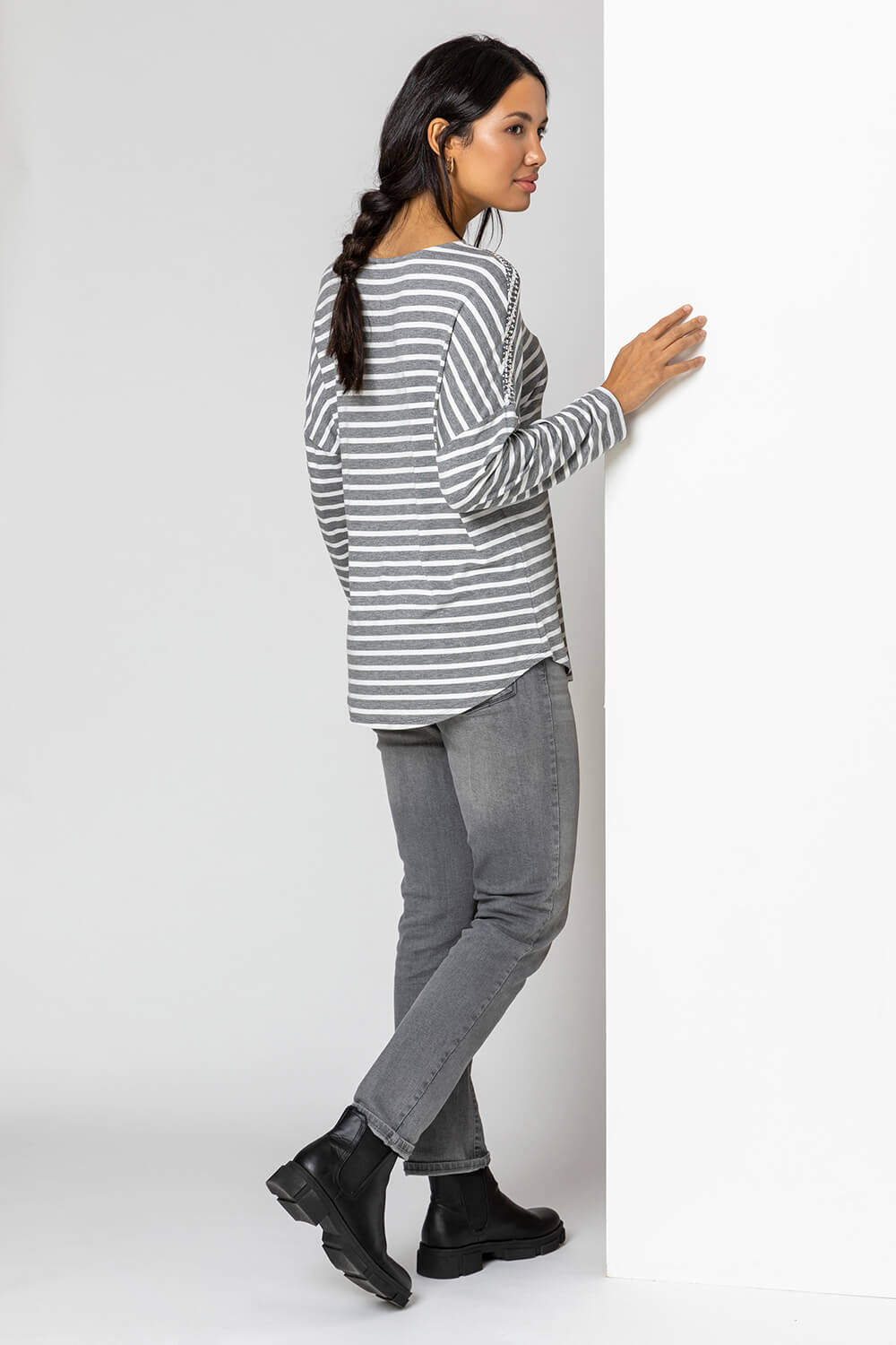 Grey Stripe Print Embellished Stretch T Shirt , Image 3 of 4