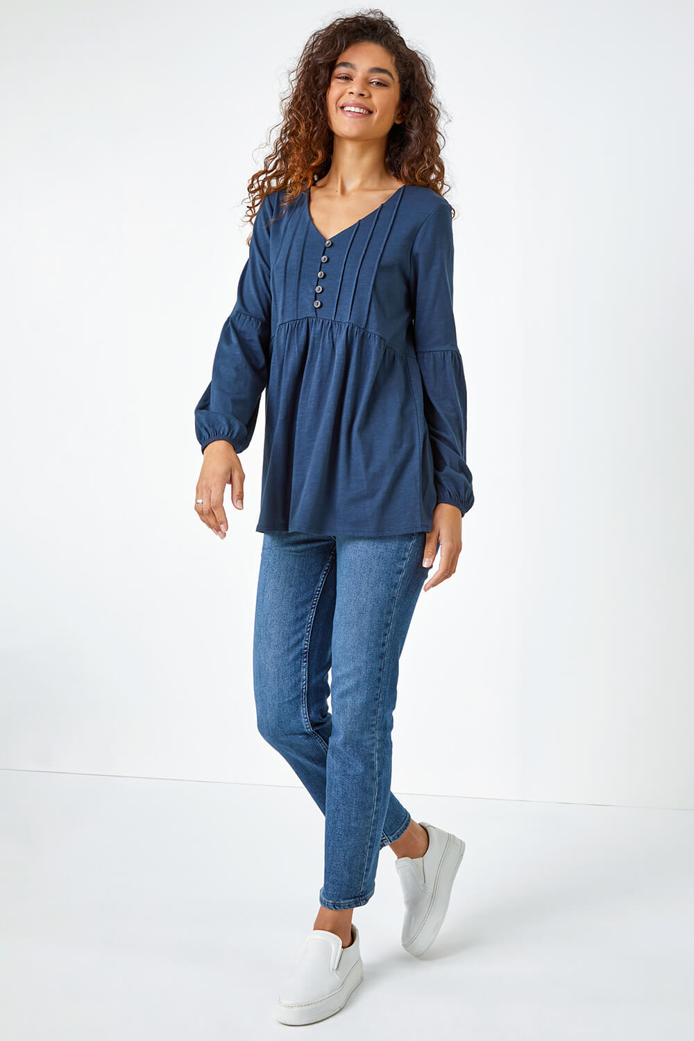 Navy  Pleated Smock Tunic Top, Image 2 of 5