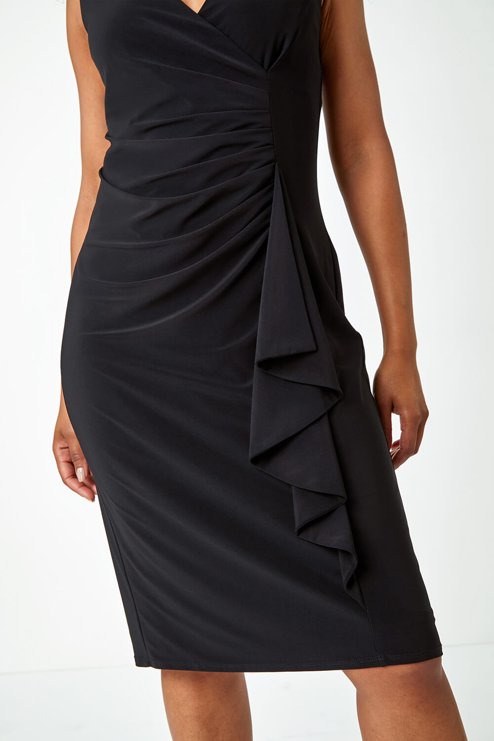 Black Petite Ruched Waterfall Stretch Dress, Image 5 of 5