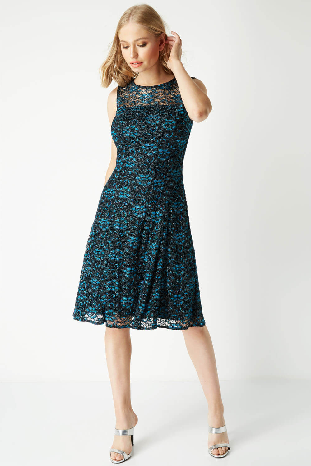 Teal Shimmer Lace Fit and Flare Dress, Image 2 of 5
