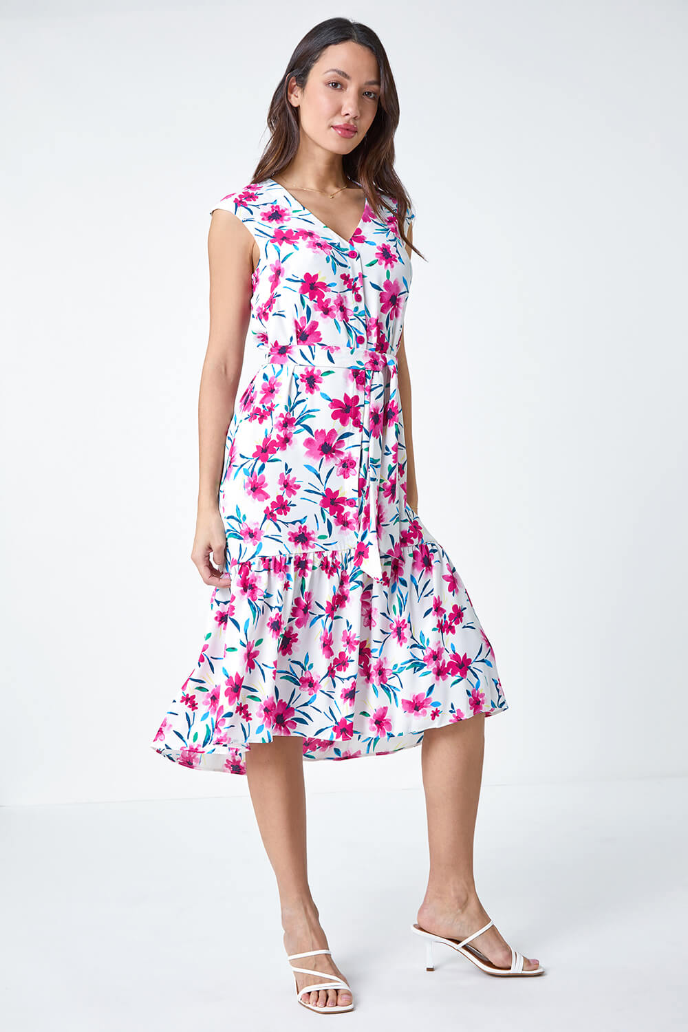 PINK Sleeveless Floral Frill Hem Midi Dress, Image 2 of 5