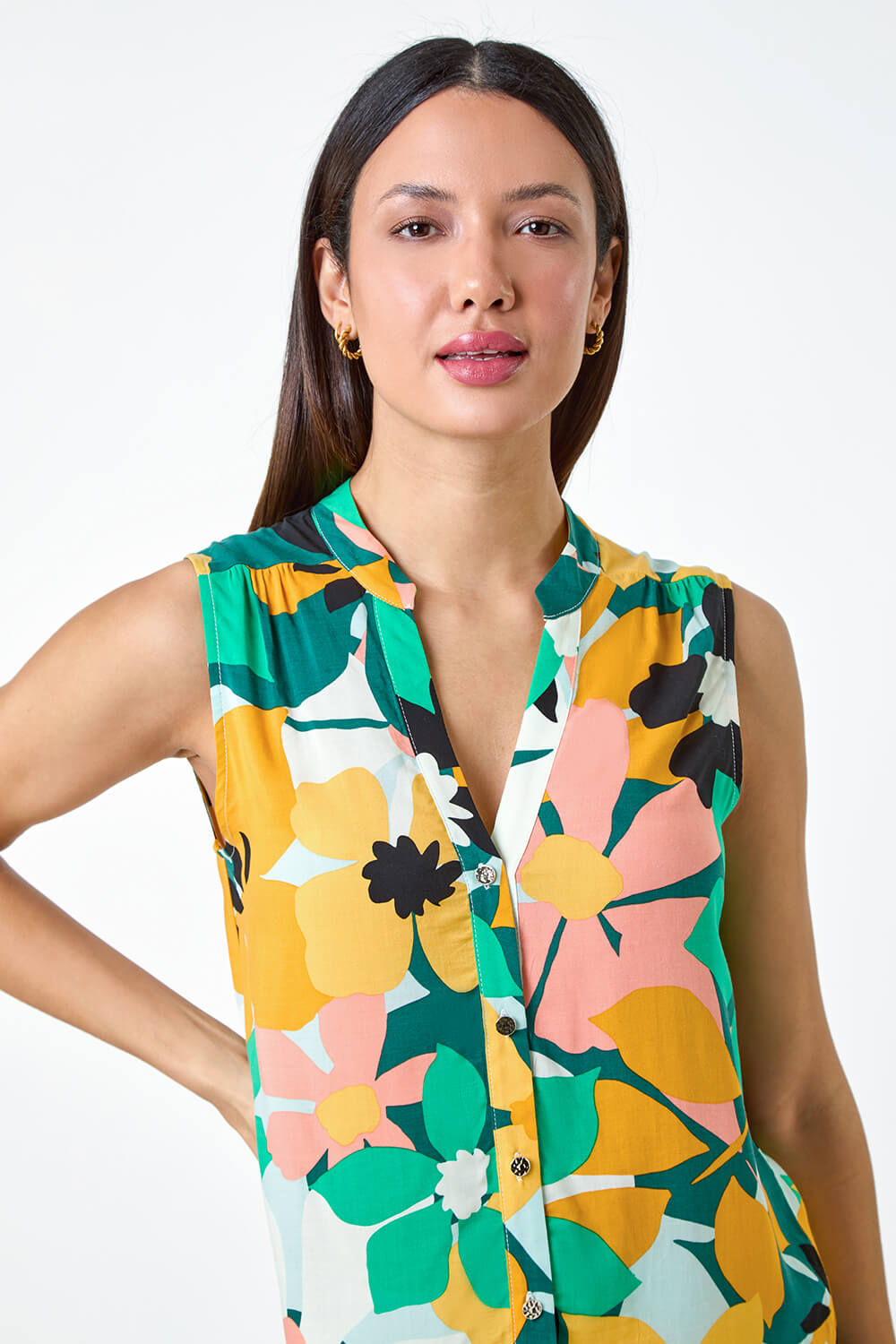 Green Floral Print Sleeveless Button Blouse, Image 4 of 5