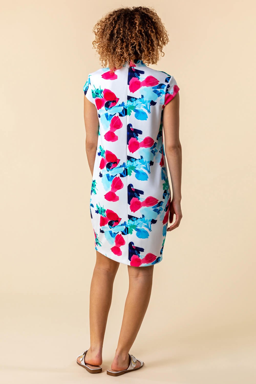 Ivory  Floral Print Scuba Cocoon Dress, Image 2 of 3