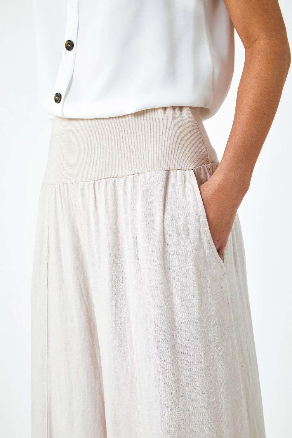 Natural  Linen Blend Stretch Waist Culottes, Image 5 of 5