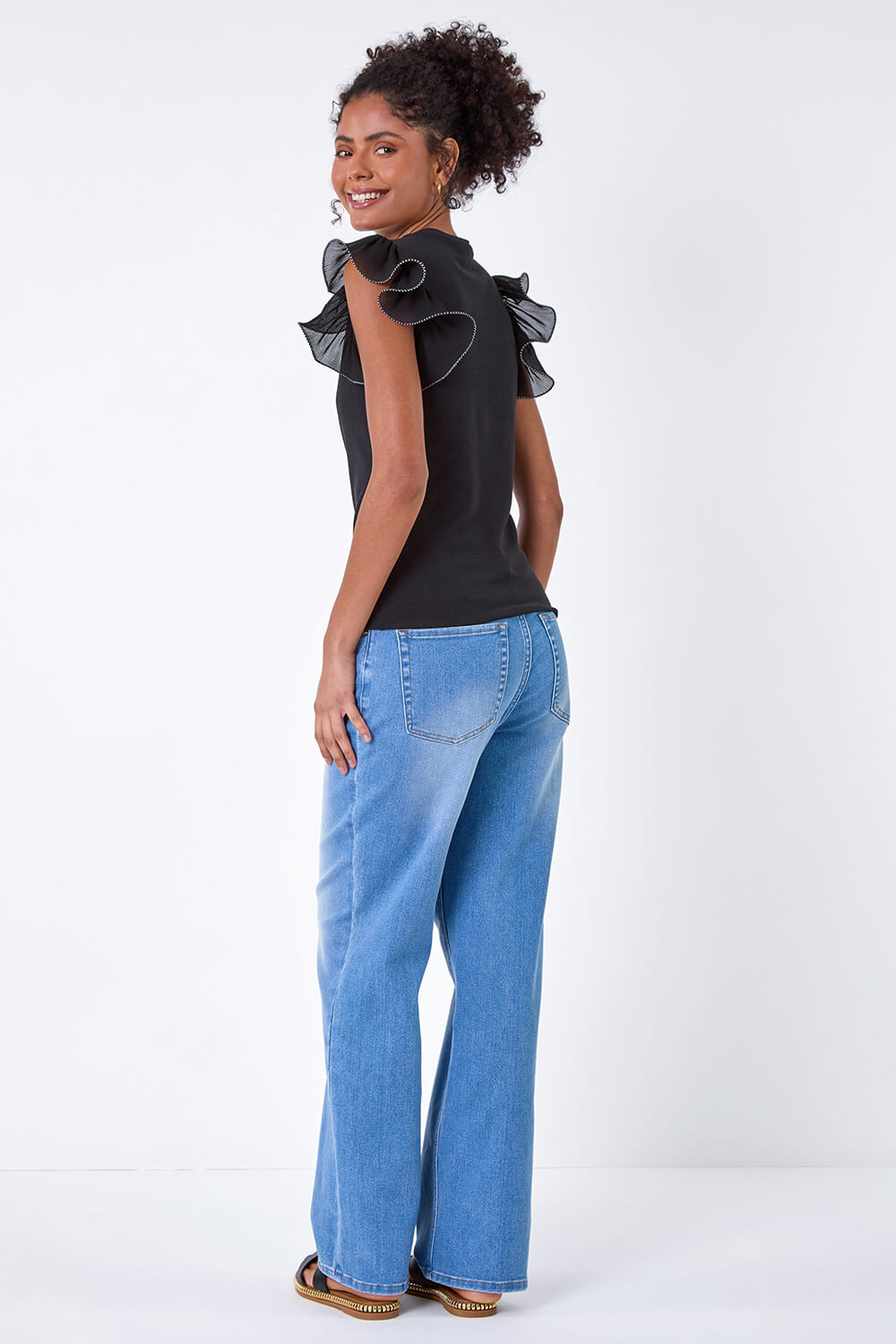 Black Ribbed Stretch Frill Detail Top, Image 3 of 7