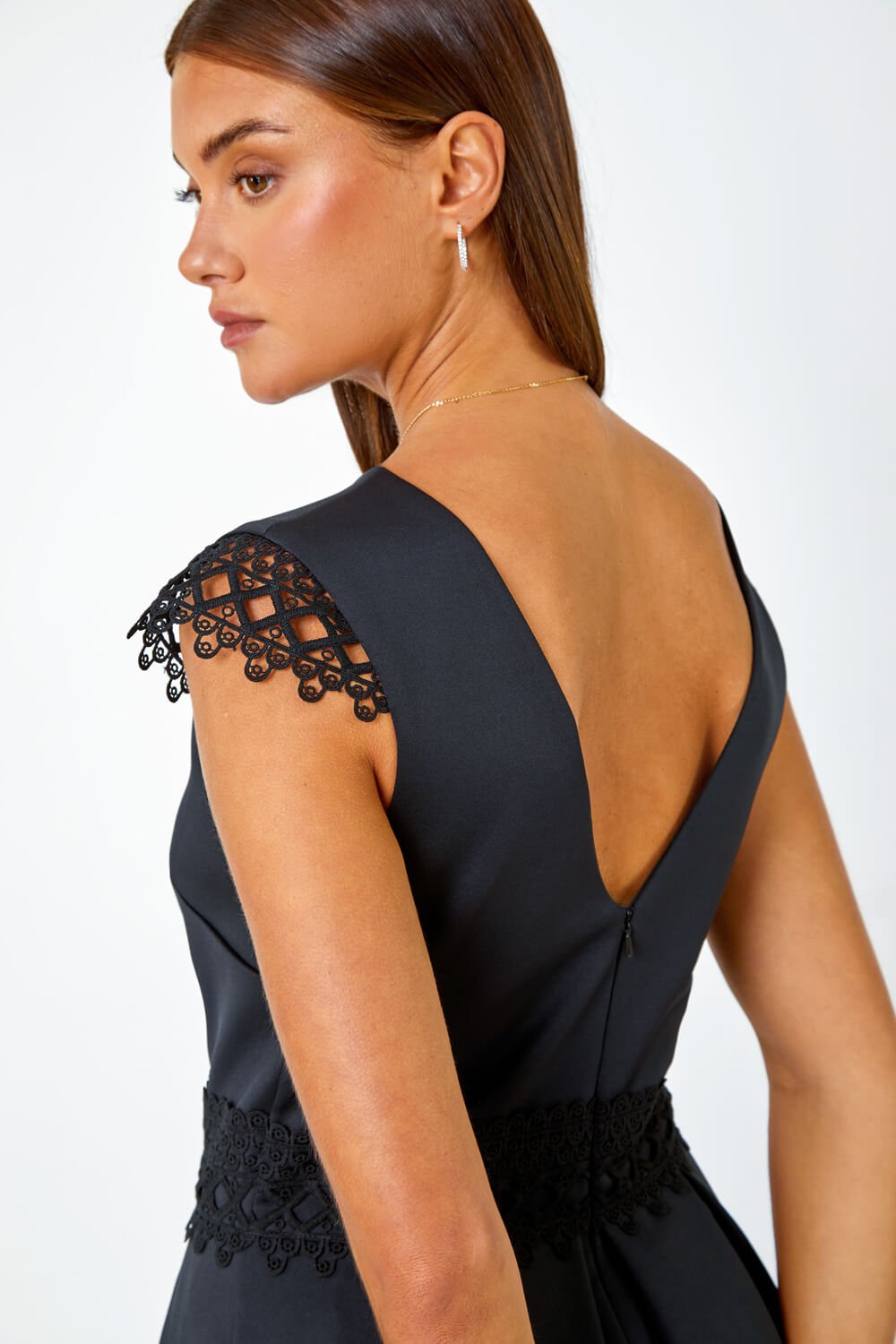 Black Premium Stretch Lace Detail Midi Dress, Image 5 of 5