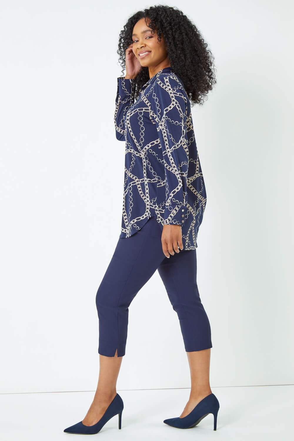 Navy  Petite Chain Print Blouse, Image 3 of 5