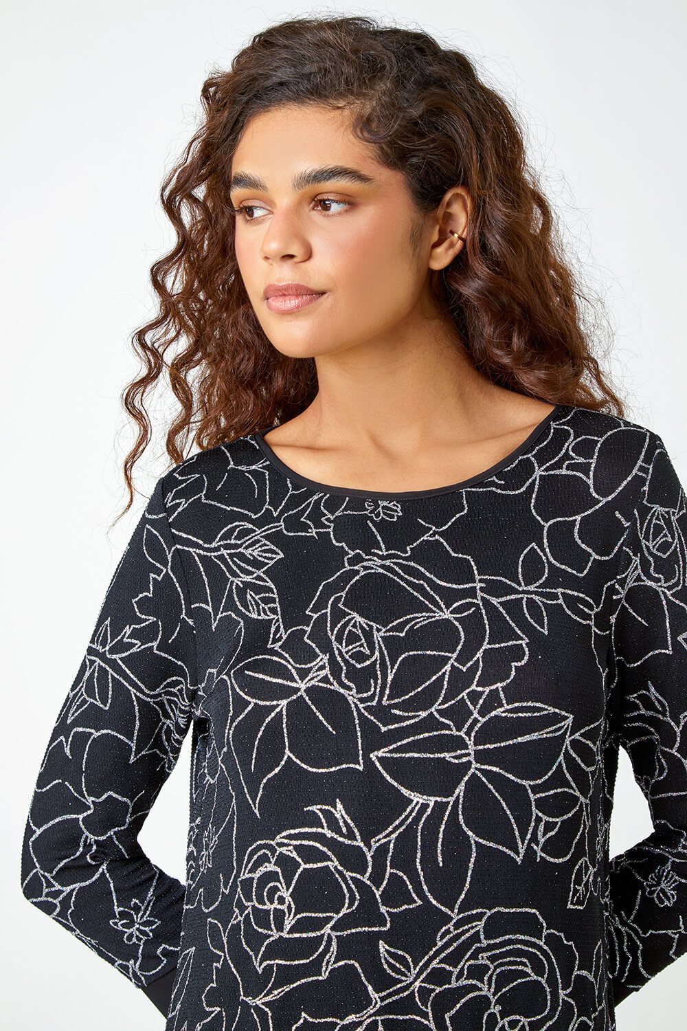 Silver Glitter Rose Print Layered Stretch Top, Image 4 of 5