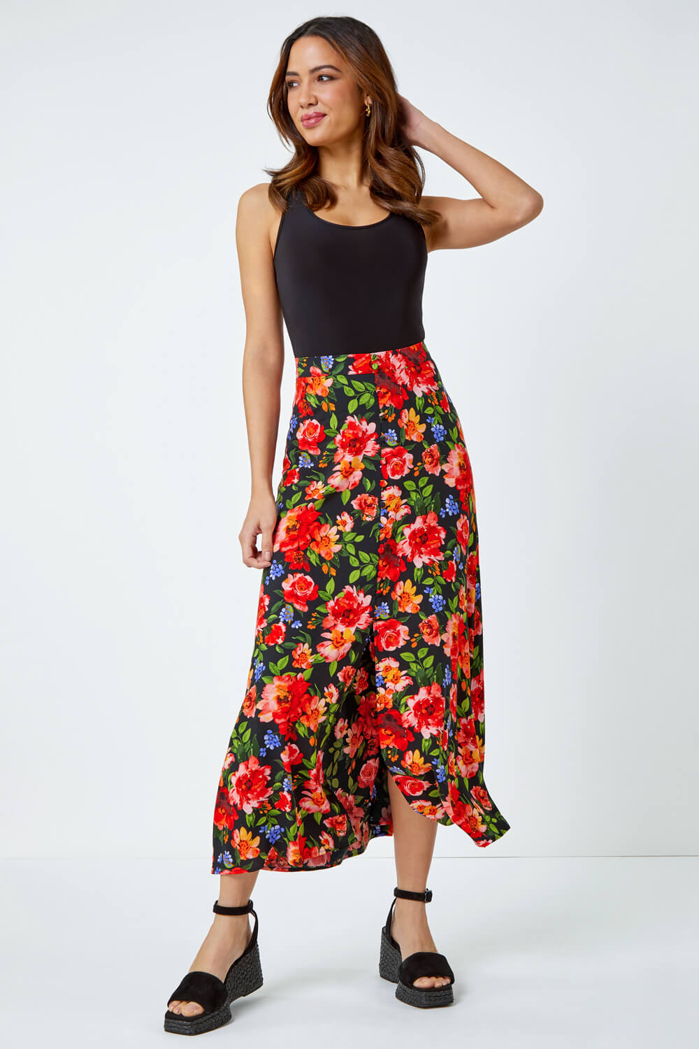 Red Floral Print Button Detail Maxi Skirt, Image 2 of 5