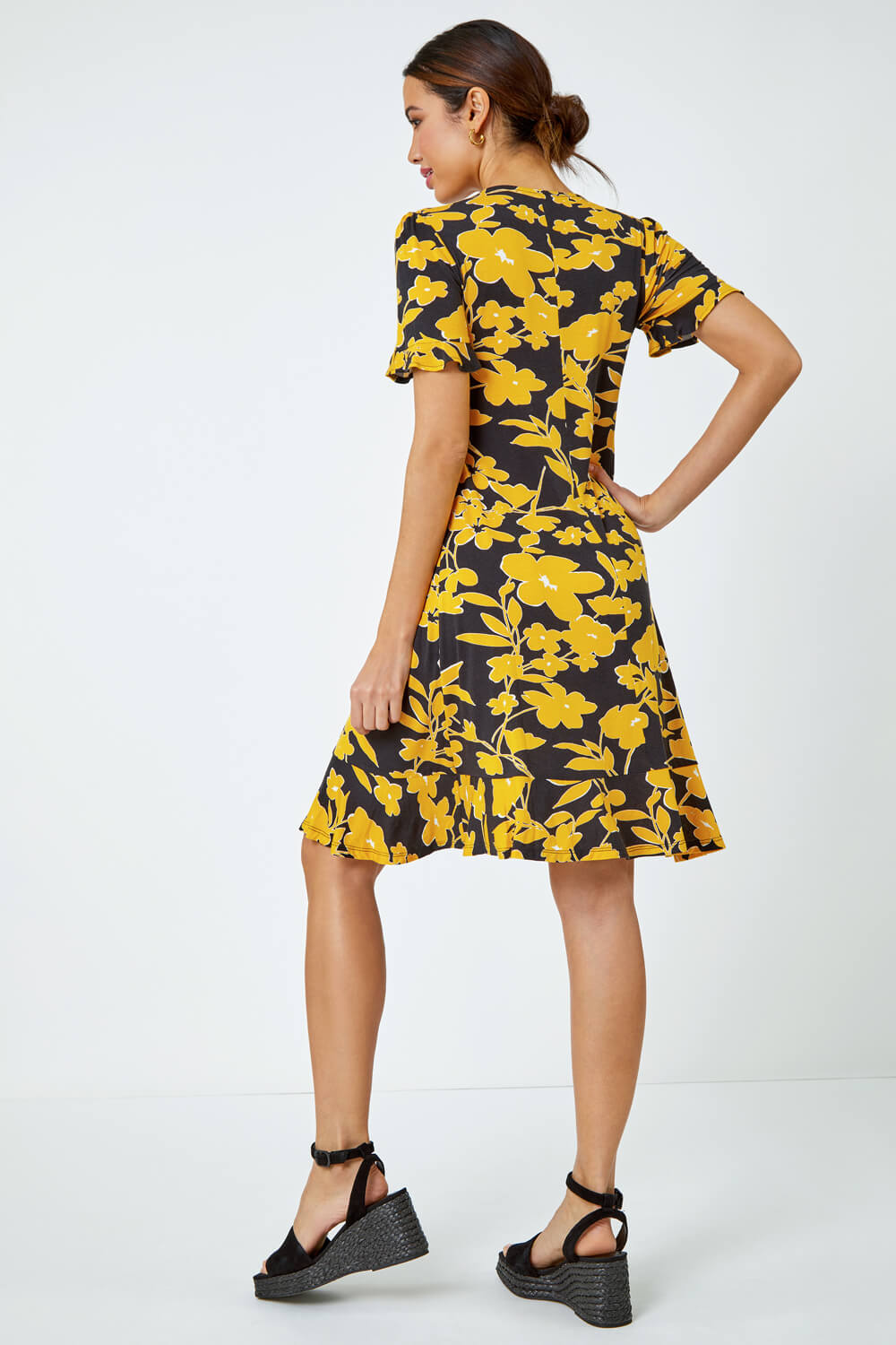 Yellow Floral Frill Hem Stretch Dress, Image 3 of 5