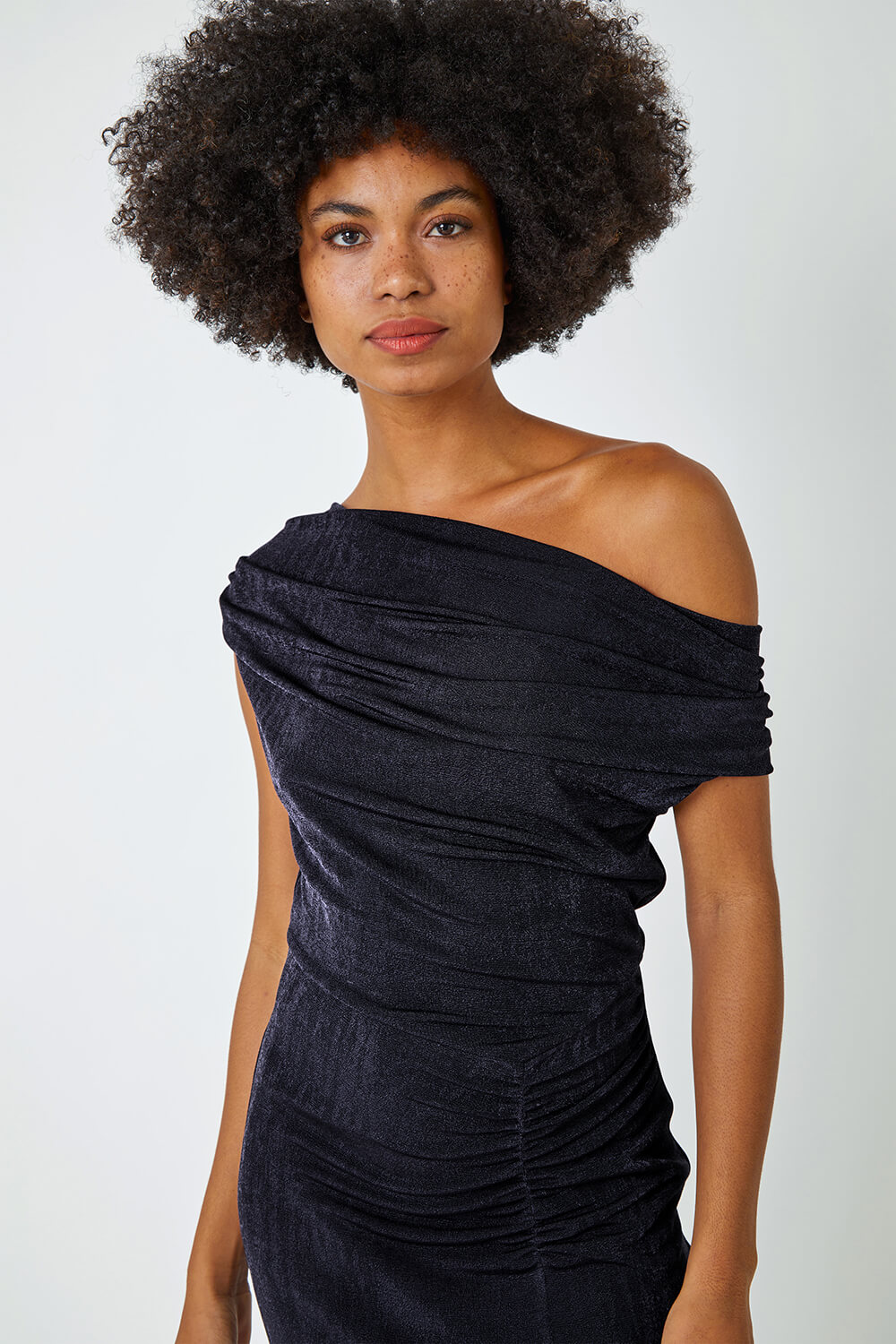 Navy  Cowl Neck Ruched Midi Dress, Image 4 of 5