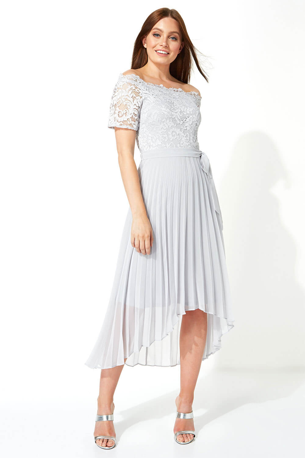 Grey lace bardot dress sale