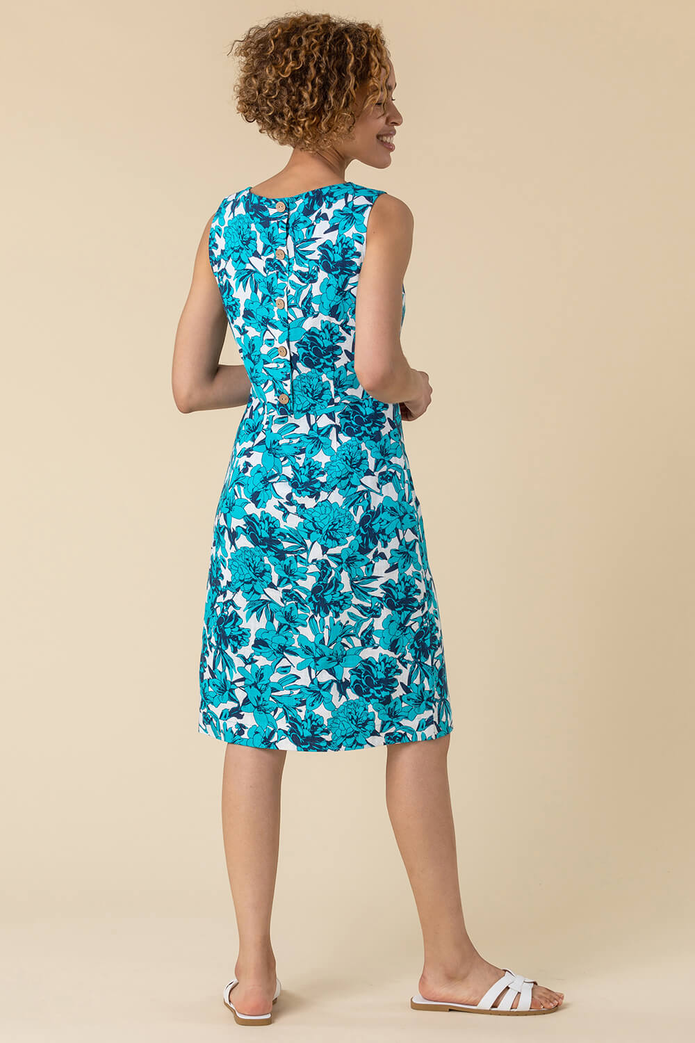 Turquoise Back Button Floral Print Dress, Image 2 of 5