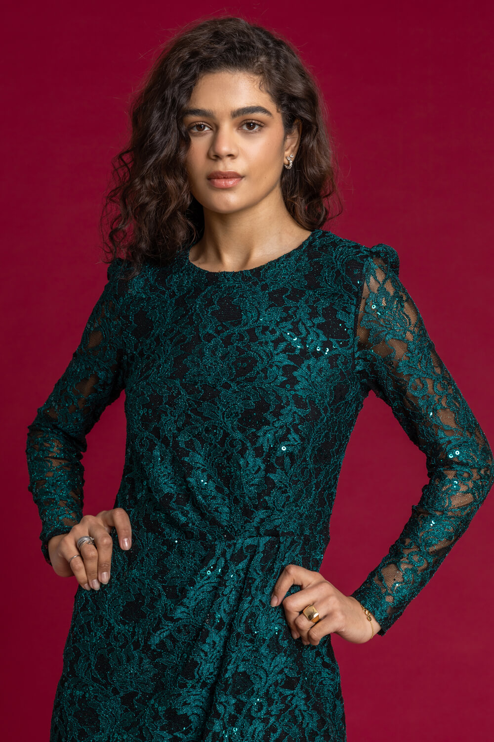 Teal Sequin Ruched Lace Wrap Dress, Image 4 of 5