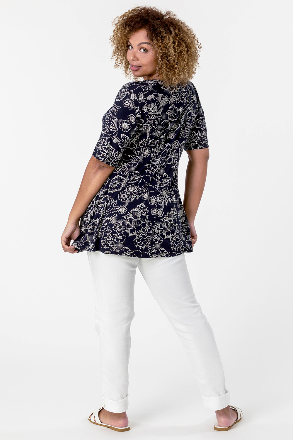 Navy  Curve Floral Print Gathered Top, Image 2 of 5