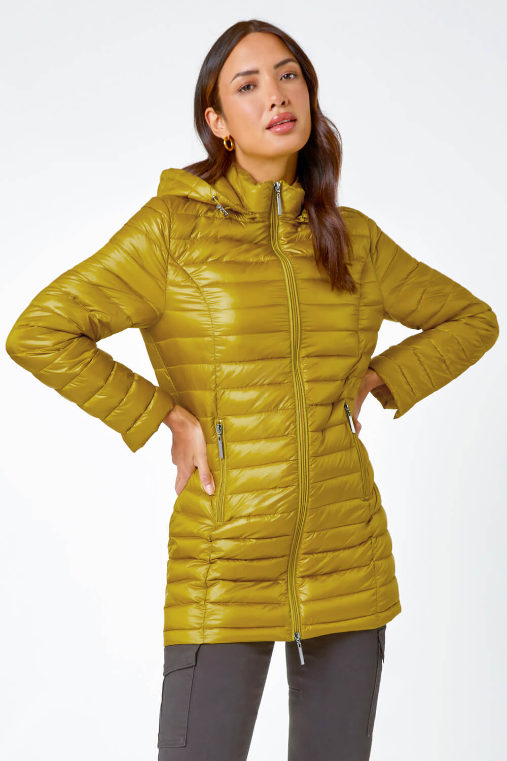 Yellow Longline Hooded Padded Coat , Image 2 of 5