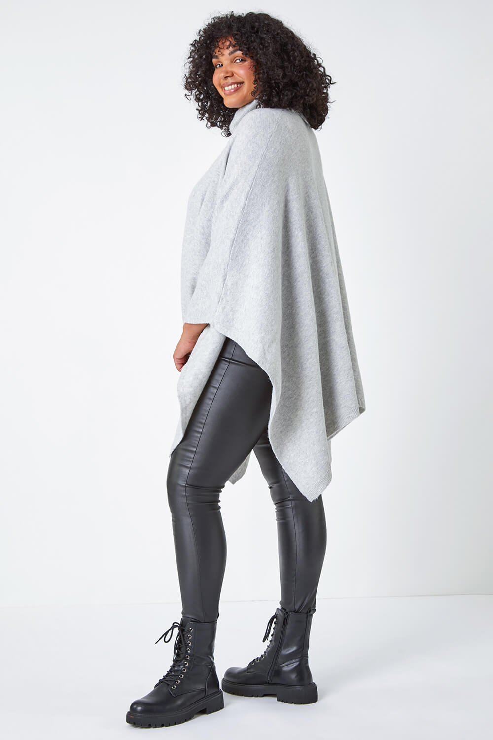 Grey Curve One Size Button Stretch Poncho, Image 3 of 7