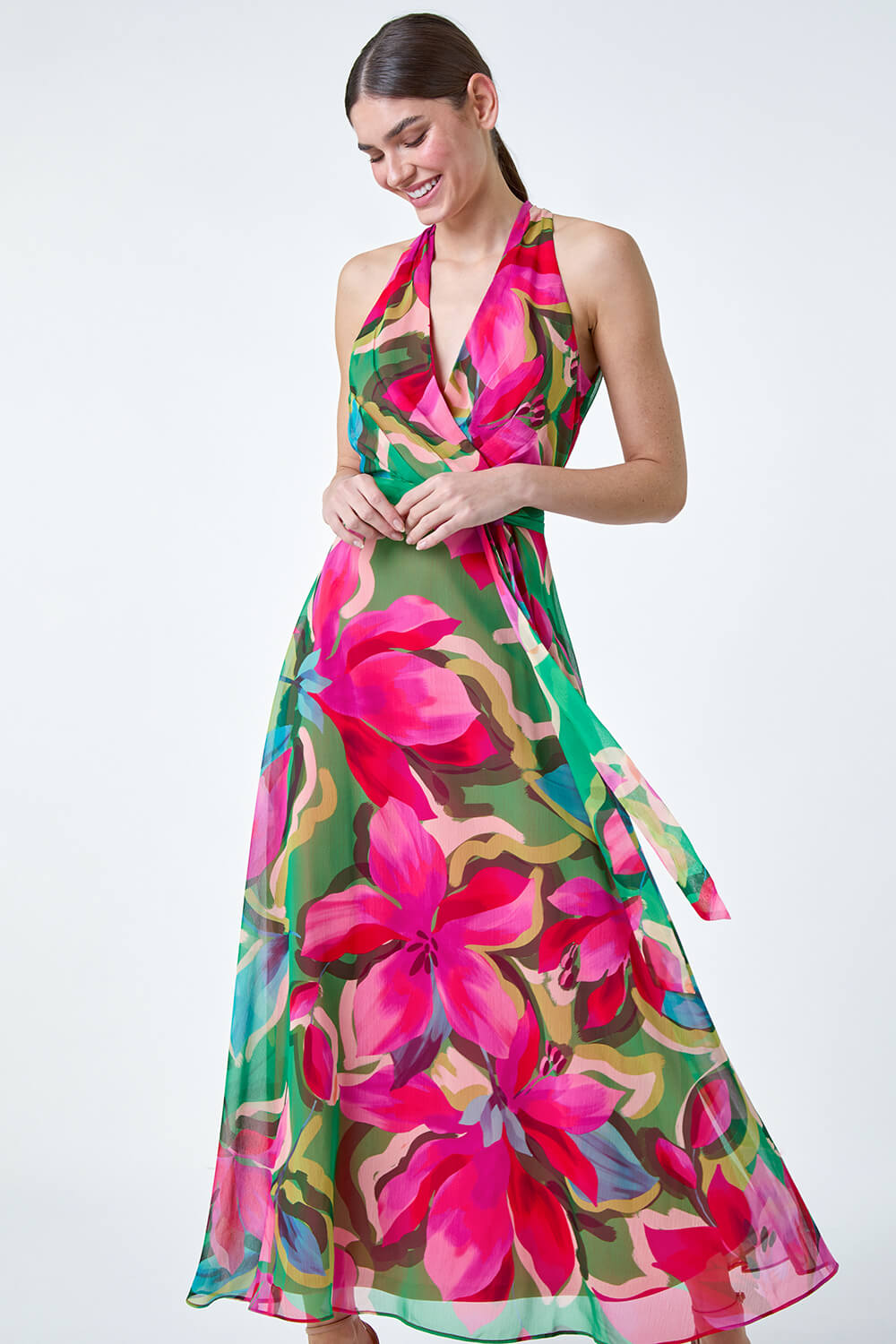 CERISE Floral Print Halterneck Maxi Dress, Image 2 of 5