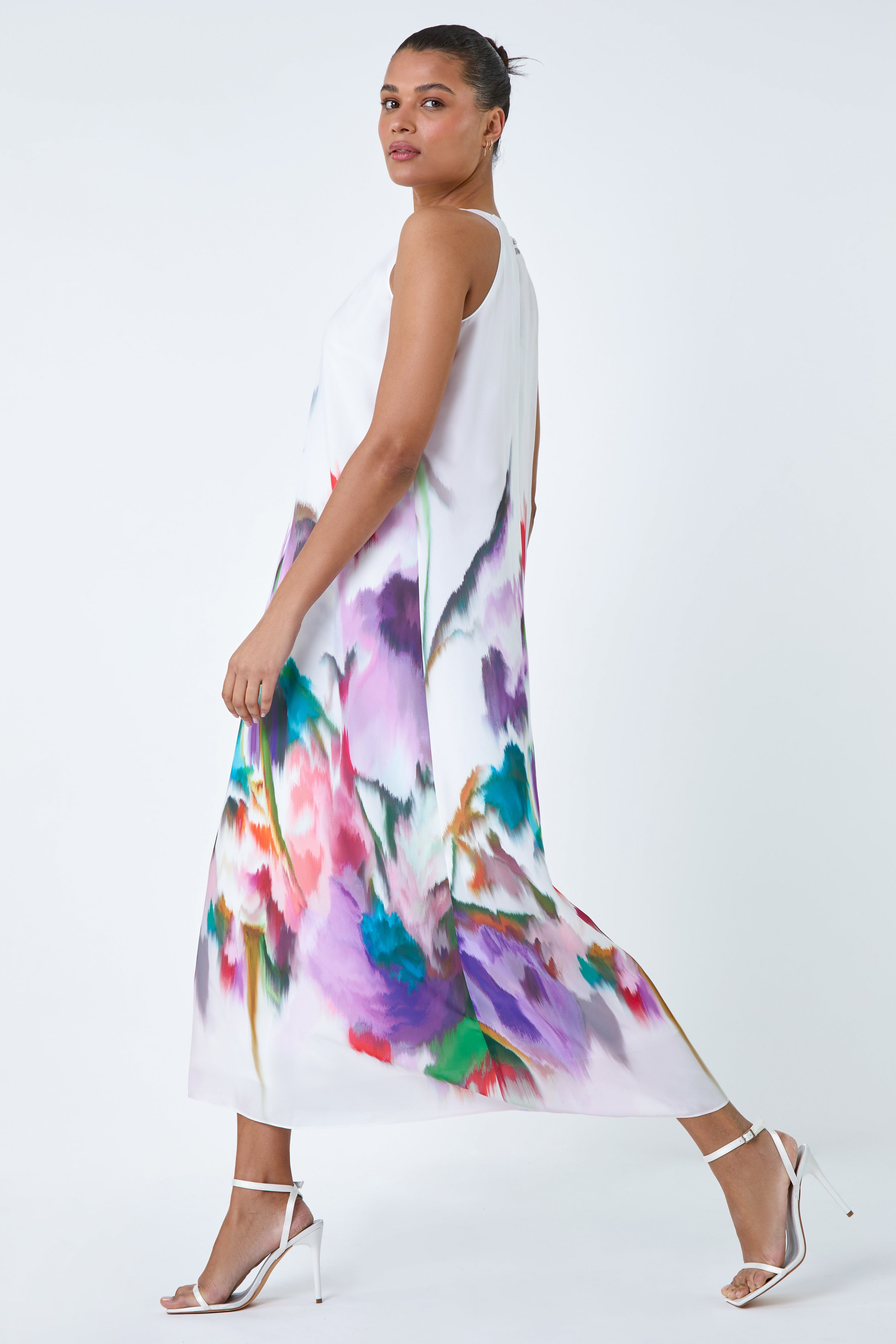 Abstract Floral Pleat Detail Trapeze Dress