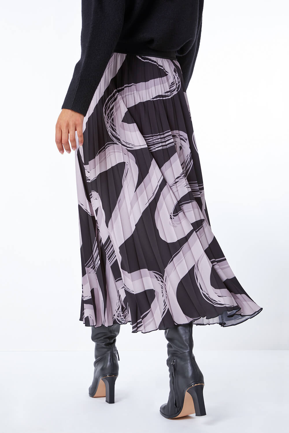 Black Abstract Print Pleated Midi Skirt, Image 3 of 5