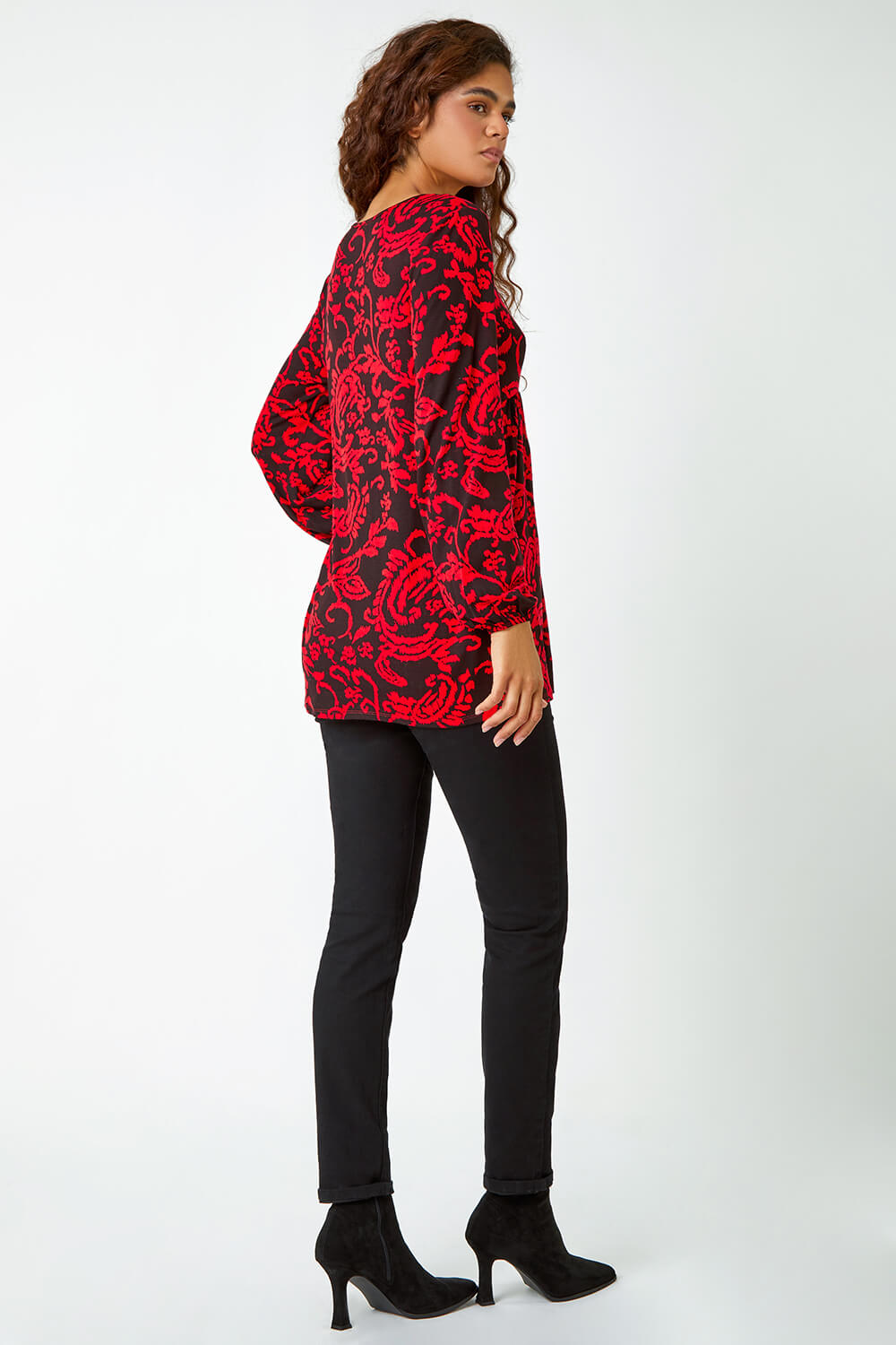 Red Floral Pocket Detail Tunic Stretch Top, Image 3 of 5