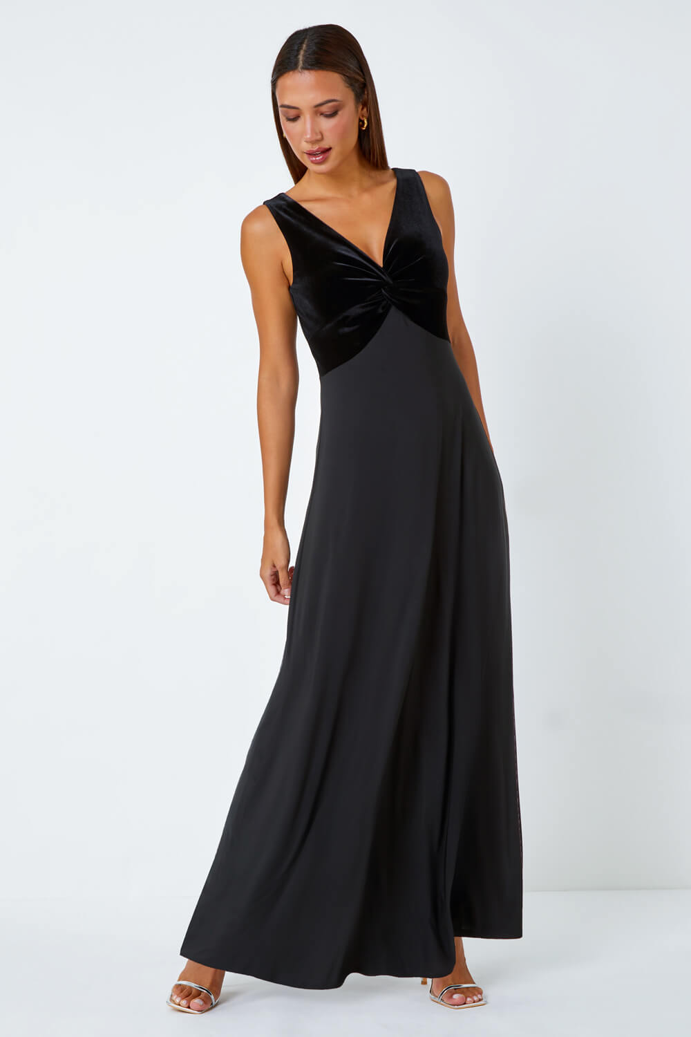 Black Velvet Twist Front Maxi Stretch Dress, Image 2 of 5