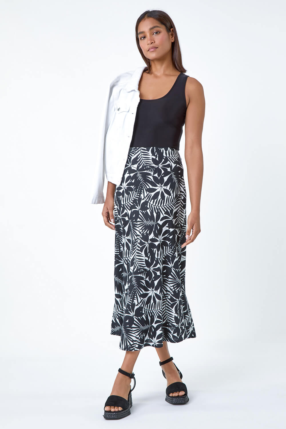 Black Leaf Print Linen Blend A-Line Skirt, Image 2 of 5