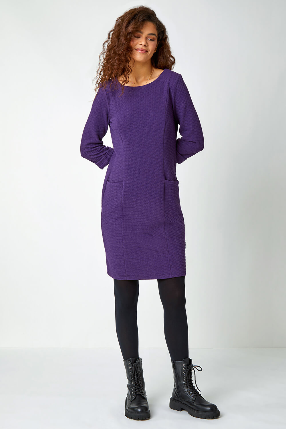 Purple Textured Cotton Blend Shift Stretch Dress, Image 2 of 5