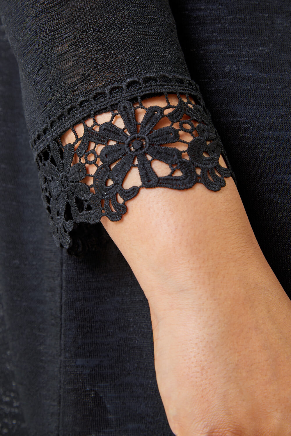 Black Curve Crochet Detail Jersey Cardigan, Image 5 of 5