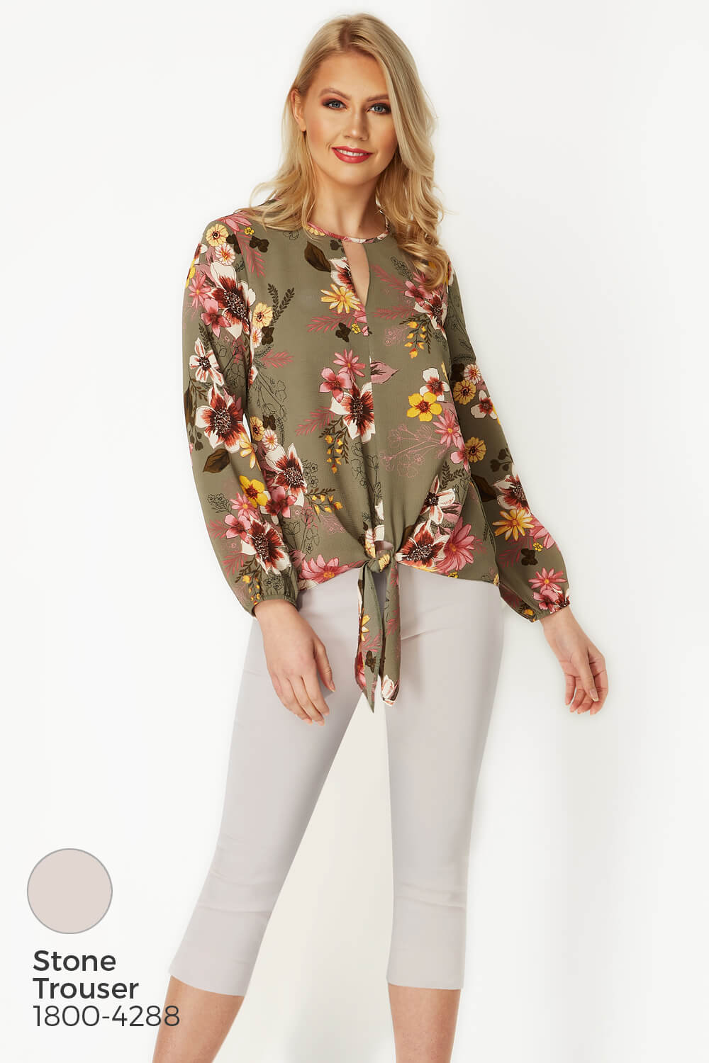 KHAKI Floral Tie Front Top, Image 5 of 8