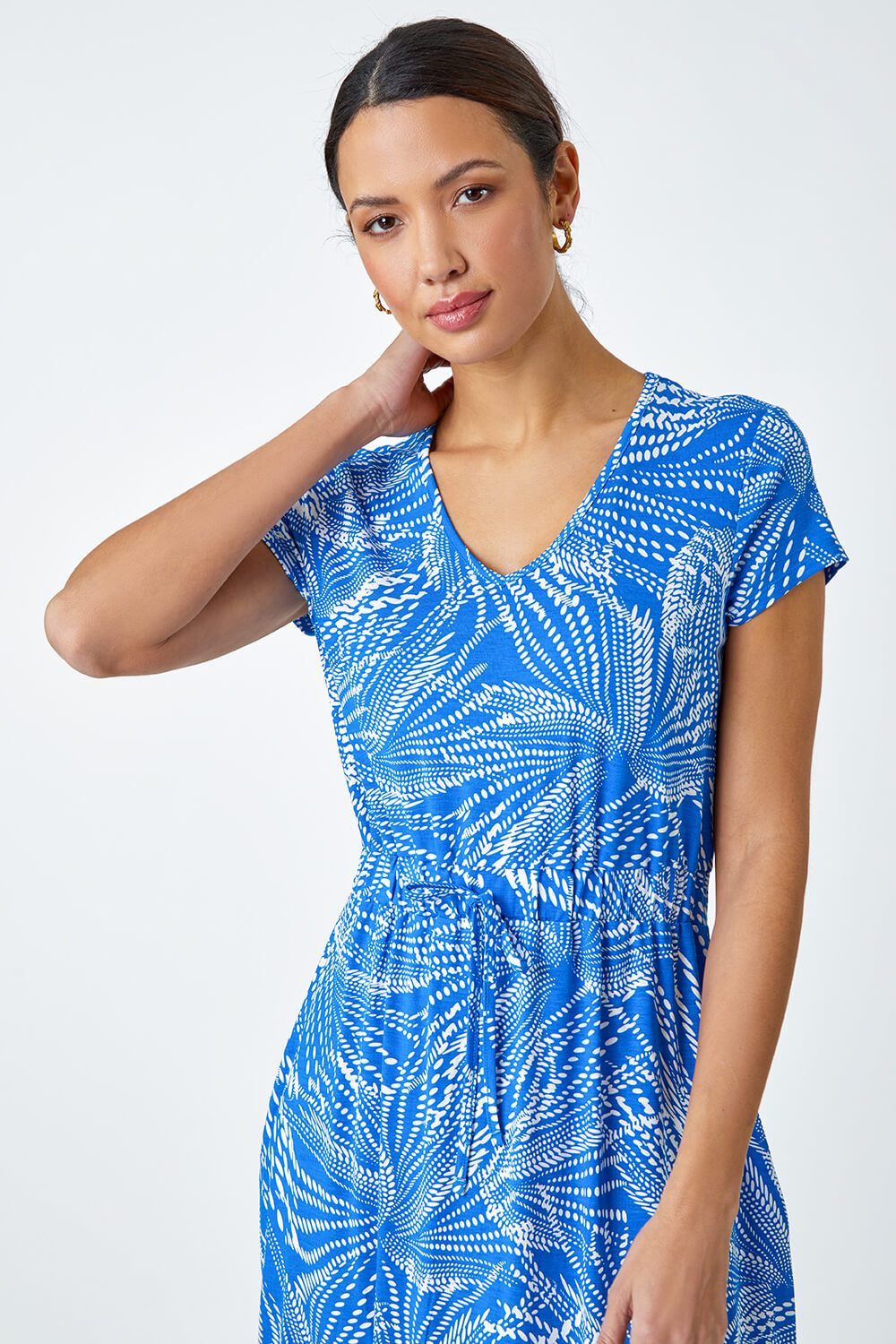 Royal Blue Abstract Print Midi Stretch Dress, Image 4 of 5