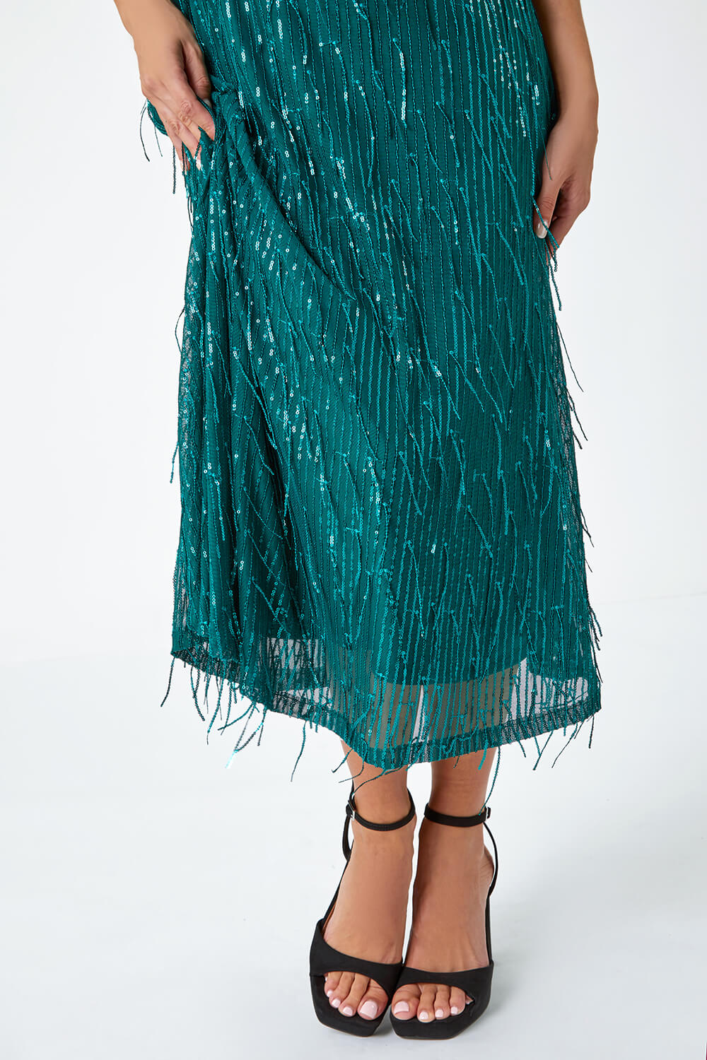 Green Sequin Tassel Midi Stretch Dress, Image 5 of 5