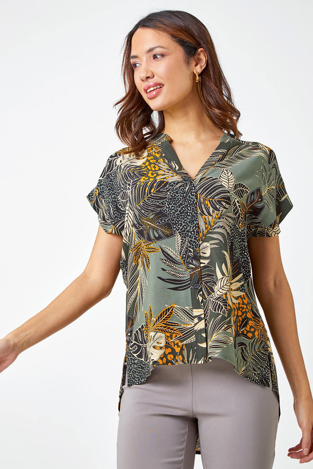 Green Leaf Print Relaxed Shirt, Image 2 of 5