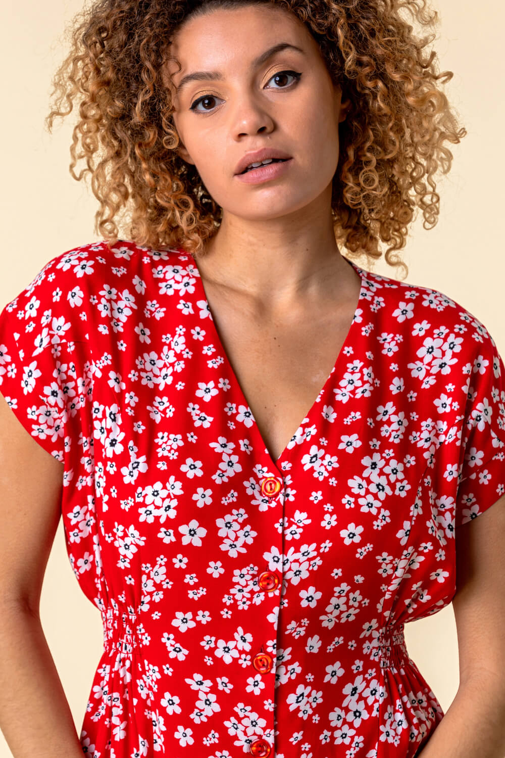 Red Floral Print Button Through Dress, Image 4 of 5
