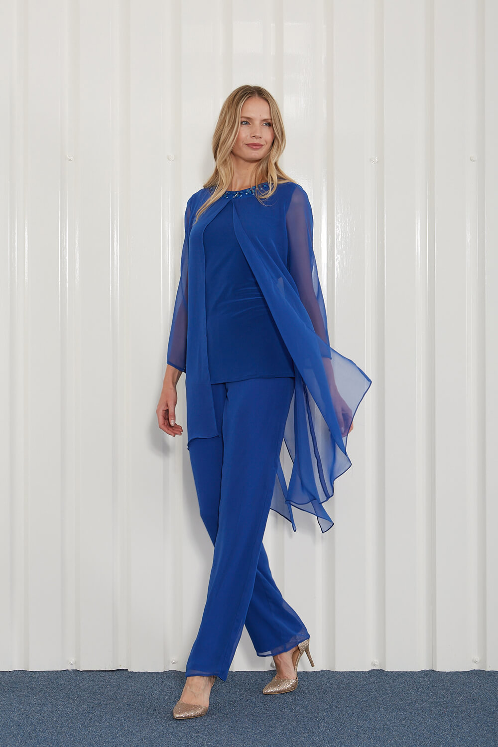 Royal Blue Julianna Chiffon Embellished Top & Trouser Set, Image 3 of 4
