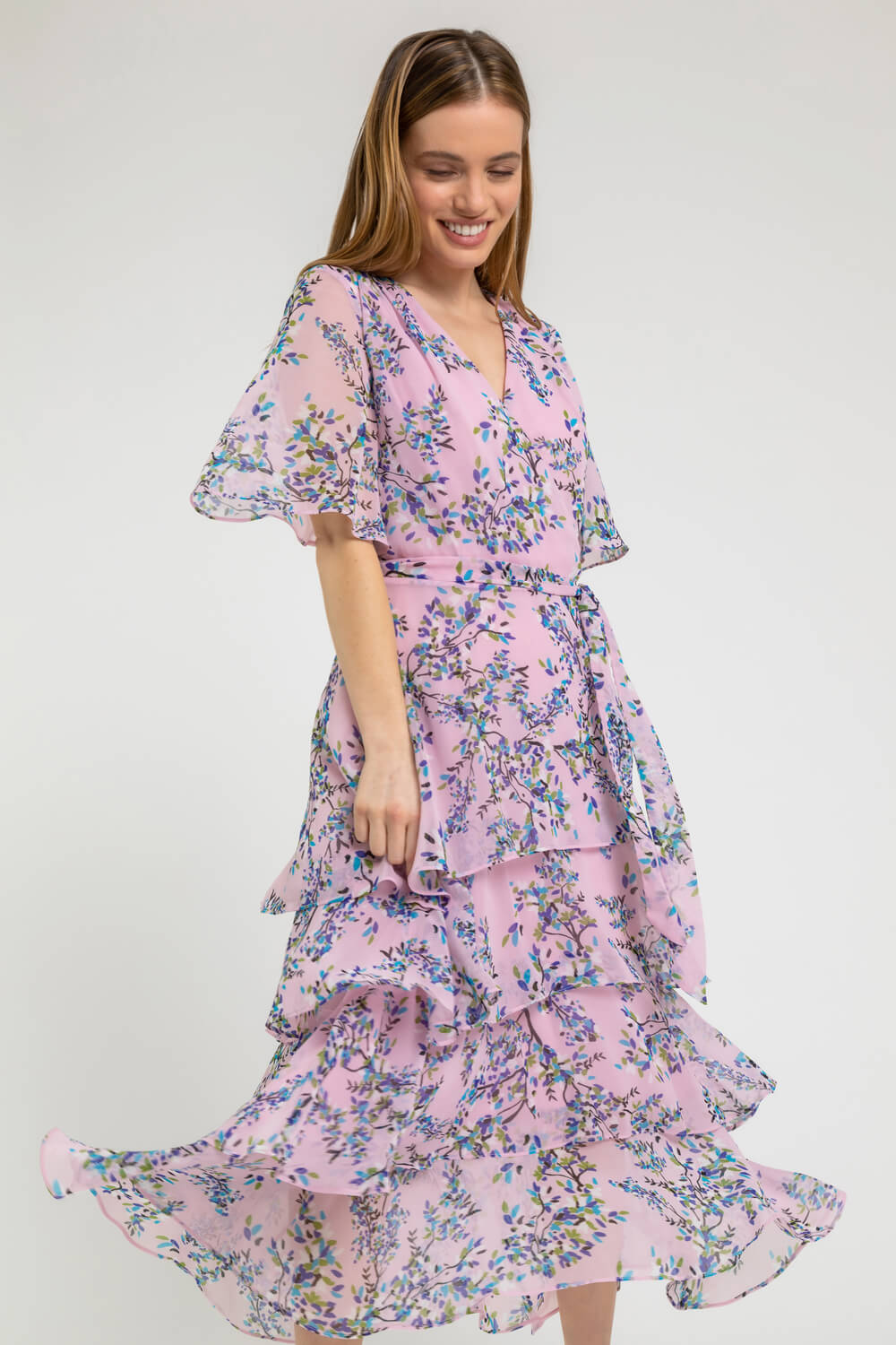 Lilac Petite Floral Print Tiered Dress, Image 1 of 5