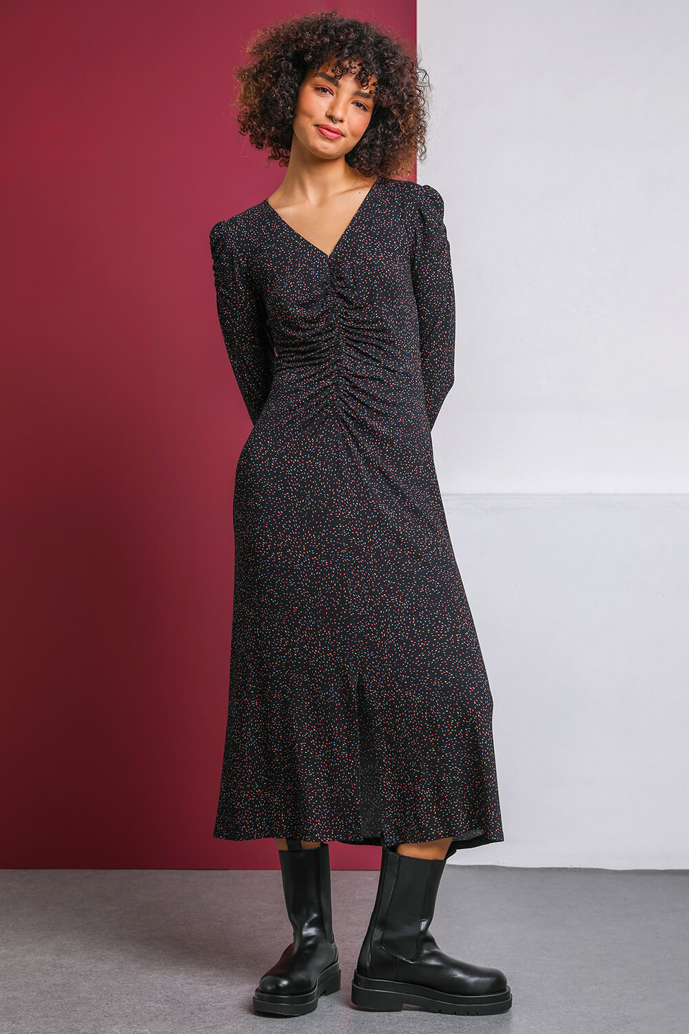 Black Spot Print Ruched Front Dress, Image 4 of 5
