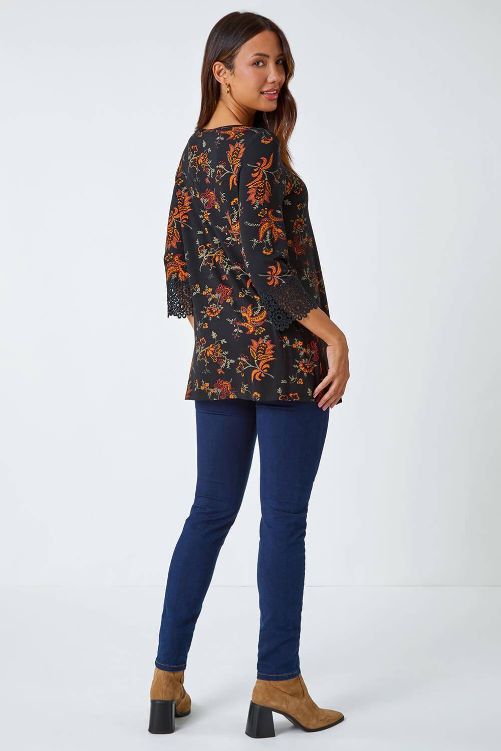 Ochre Paisley Print Lace Trim Stretch Top, Image 3 of 5