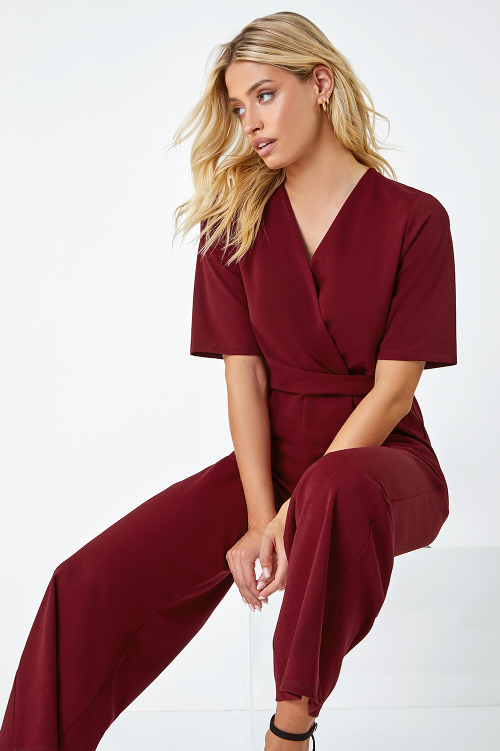 Wine Gathered Wrap Stretch Jumpsuit, Image 3 of 5