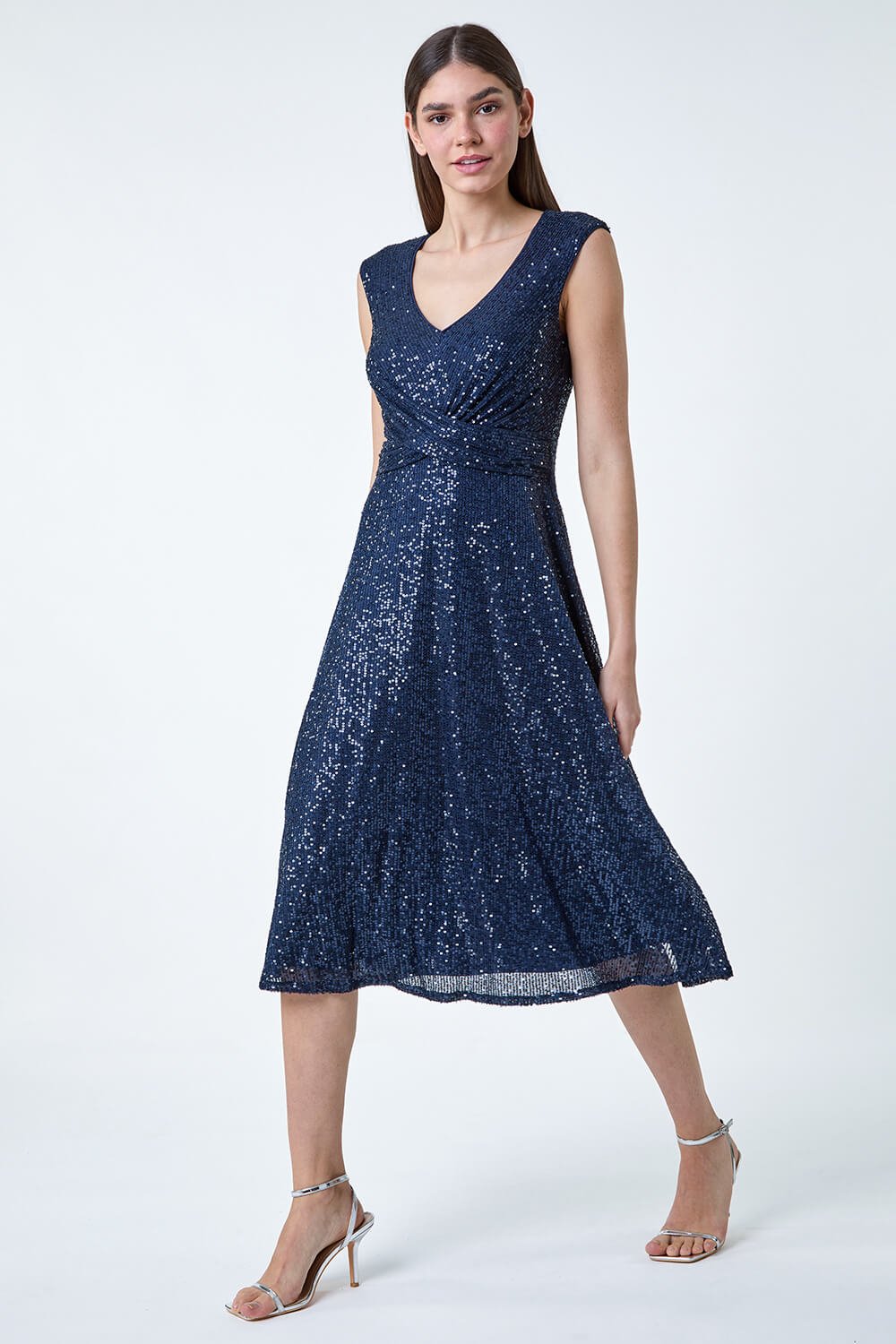Navy Sequin Wrap Detail Midi Dress | Roman UK
