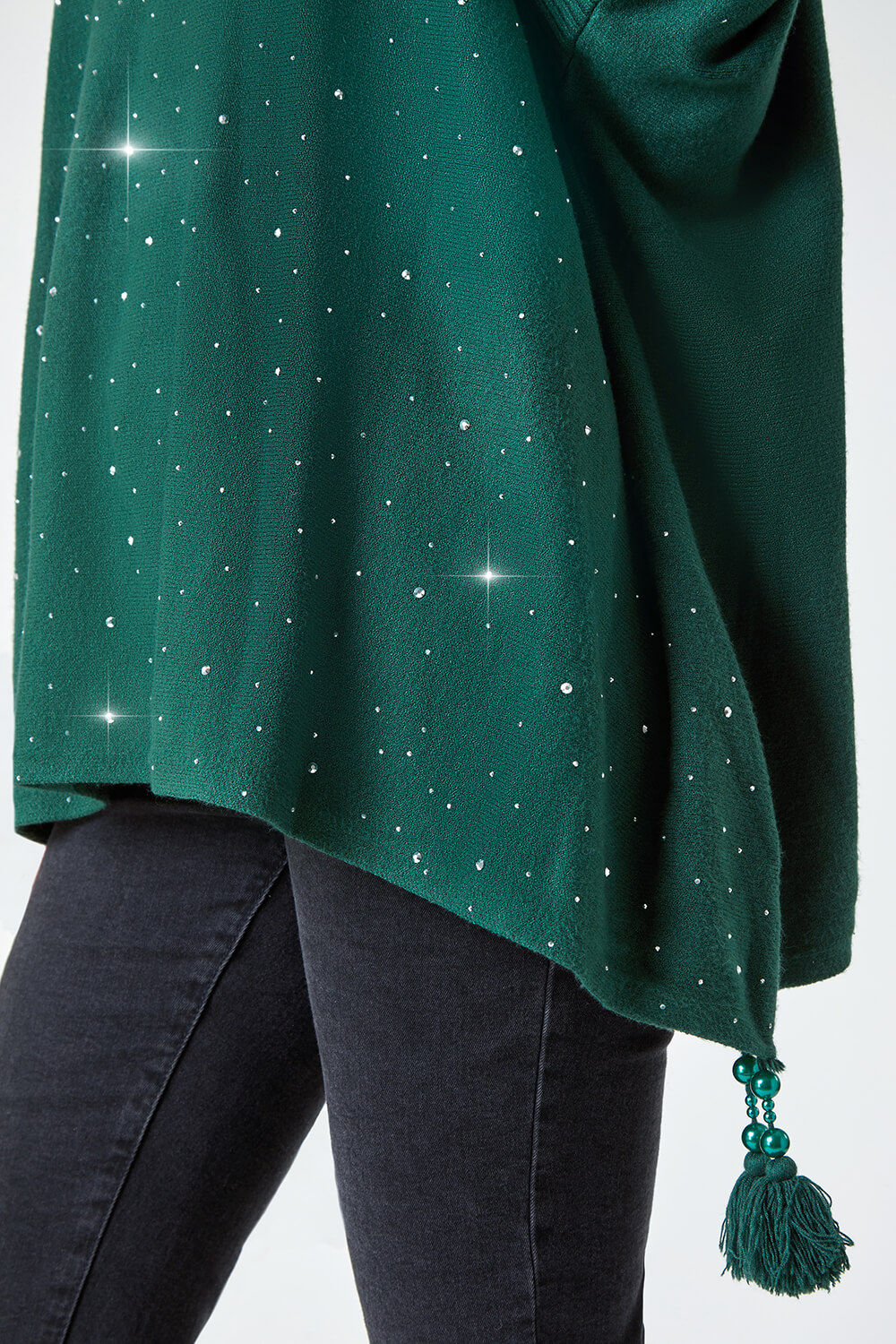 Emerald Longline Sparkle Embellished Tassel Poncho, Image 5 of 5