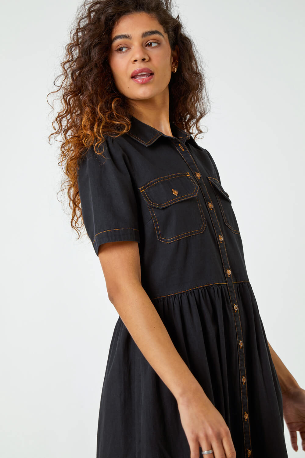 Black Denim Midi Shirt Dress, Image 5 of 6